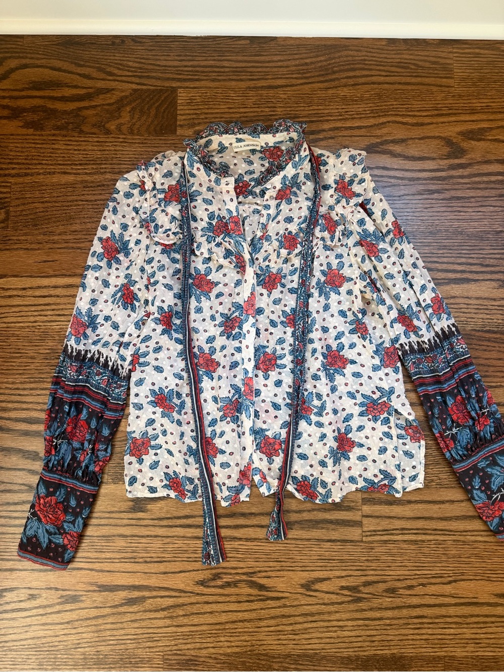 Ulla Johnson White Floral Tie-Neck Blouse with Red and Blue Print
